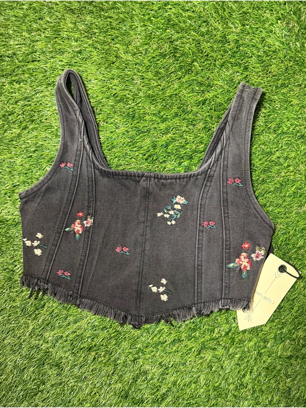 Embroidered Black Floral Crop Tank Top